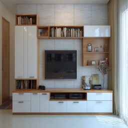 Modern Off-White TV Unit Design With Marble Wall and Lighting