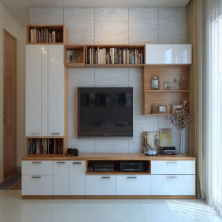 Modern Glossy TV Unit Design With Drawers and Open Shelves