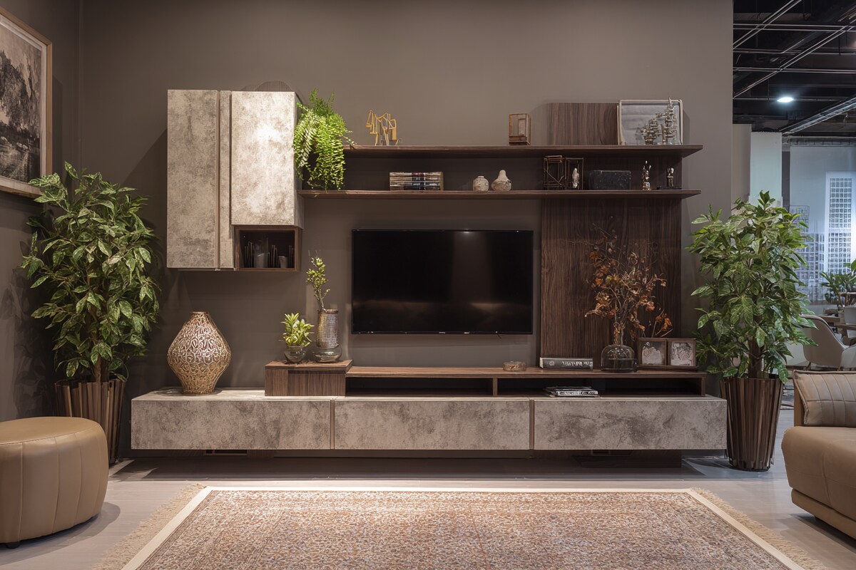 Modern Grey And Brown TV Unit Design For Living Rooms