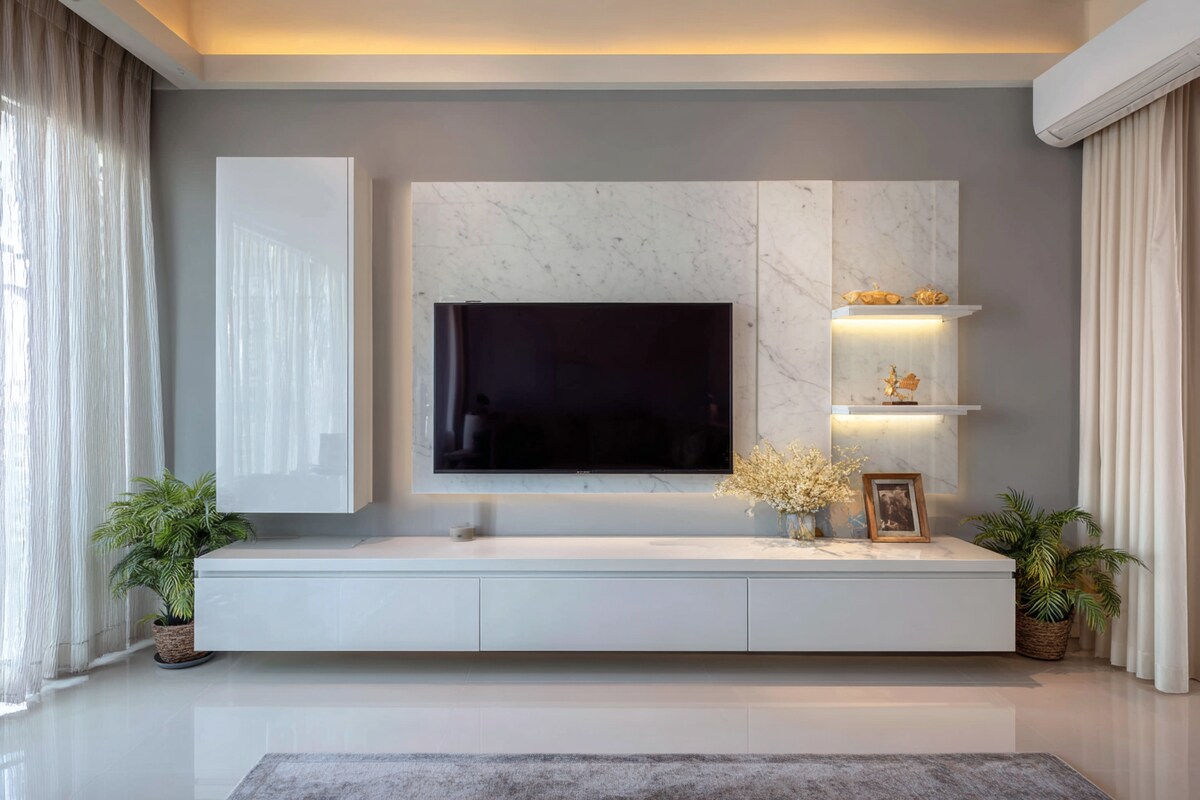 Modern Grey and White TV Unit Design with Gloss Finish and Shelves