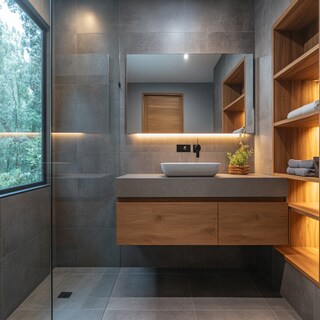 Modern Grey and Wood Bathroom Design with Floating Vanity
