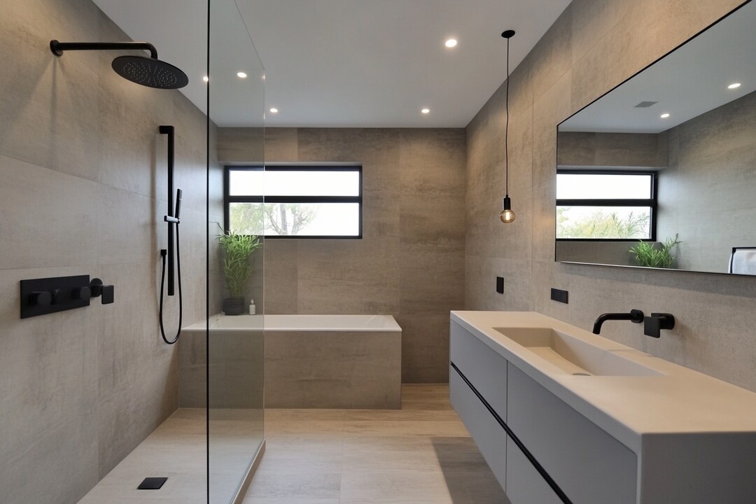 Modern Grey Bathroom Design with Floating Vanity and Matte Black Fixtures