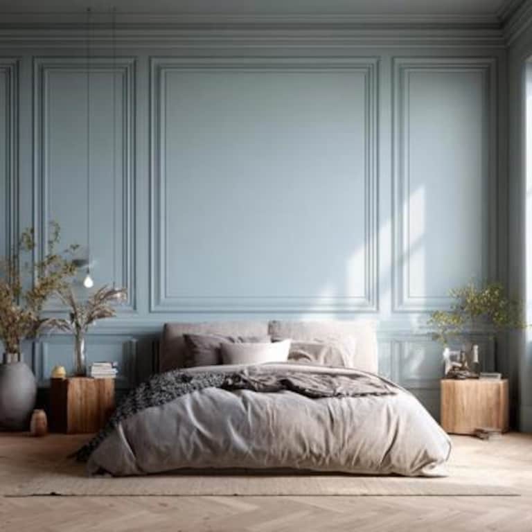 Modern Grey Blue Wall Paint Design with Moulded Panels for Bedrooms