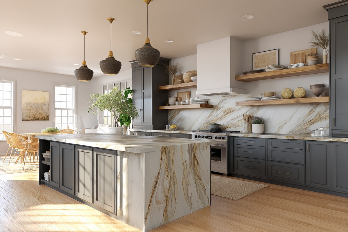 Modern Grey Island Kitchen Design with Marble Countertop and Open Wooden Shelving Modern Grey Island Kitchen Design with Marble Countertop and Open Wooden Shelving