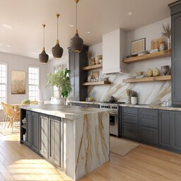 Contemporary U-Shaped Kitchen Design in Ruby and Grey and Marble Countertop
