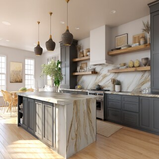 Modern Grey Island Kitchen Design with Marble Countertop and Open Wooden Shelving