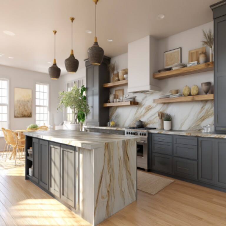 Modern Grey Island Kitchen Design with Marble Countertop and Open Wooden Shelving Modern Grey Island Kitchen Design with Marble Countertop and Open Wooden Shelving