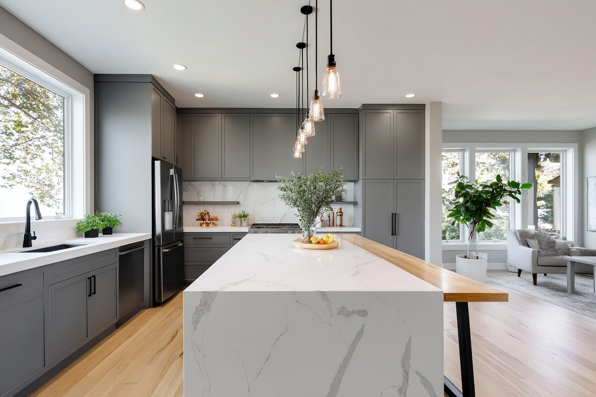 Modern Grey Kitchen Island Design With Quartz Countertop Modern Grey Kitchen Island Design With Quartz Countertop
