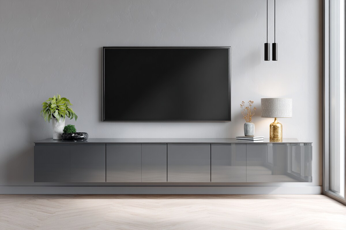 Modern Grey TV Cabinet With A Glossy Laminate Finish Modern Grey TV Cabinet With A Glossy Laminate Finish