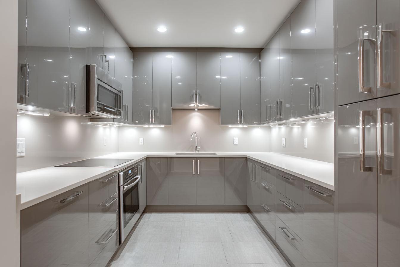 Modern Grey U-Shaped Kitchen Design with Quartz Countertop and High ...