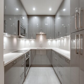 Modern Grey U-Shaped Kitchen Design with Quartz Countertop and High Gloss Finish