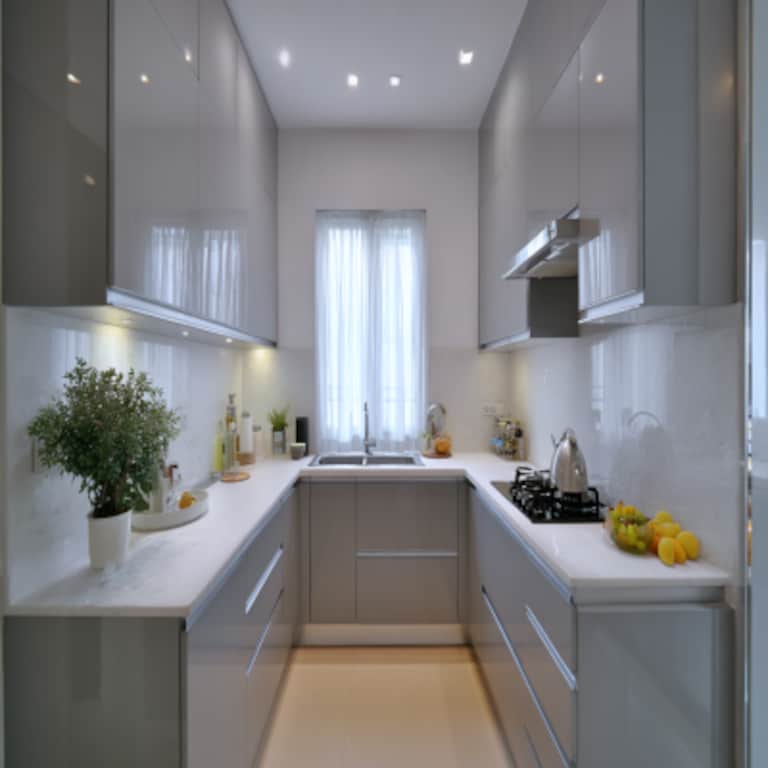 Modern Grey U-Shaped Kitchen Design with Quartz Countertops with High Gloss Finish