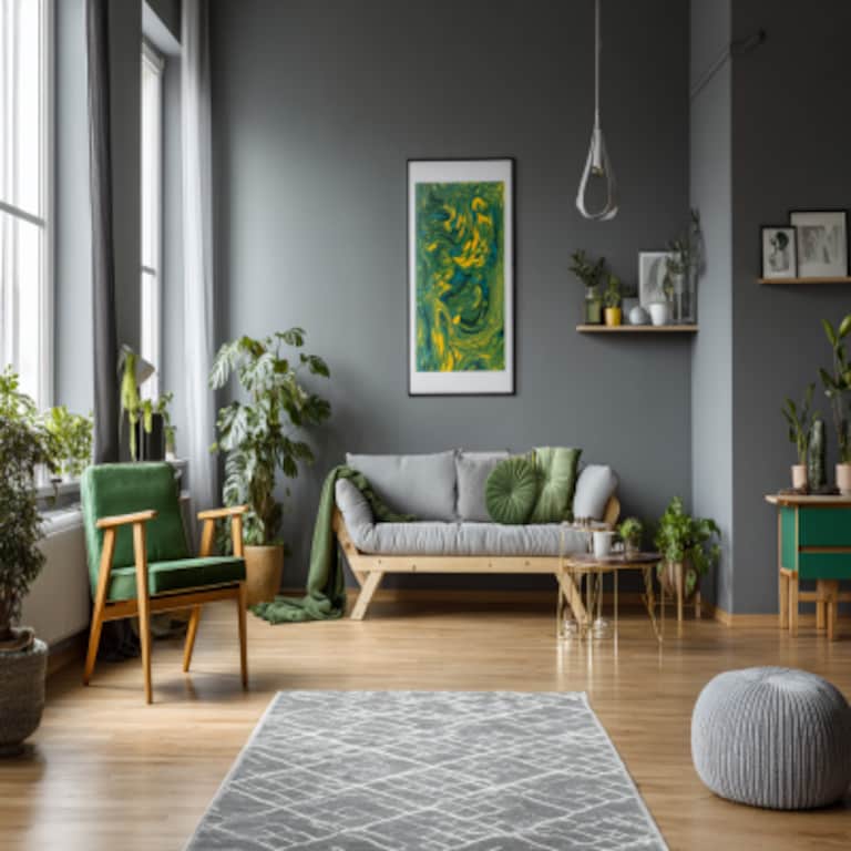 Modern Grey Wall Paint Design with Green Accents and Abstract Art