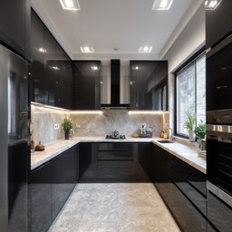 Celestial Blue Modern Open Kitchen Design with Glossy Cabinets and Quartz