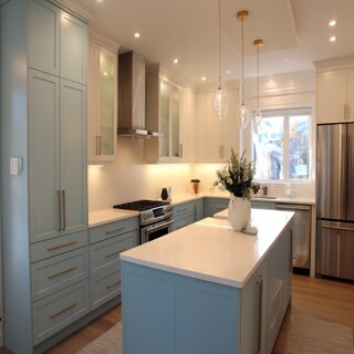 Modern Island Kitchen Design in Powder Blue and Pale Grey with Quartz Countertop