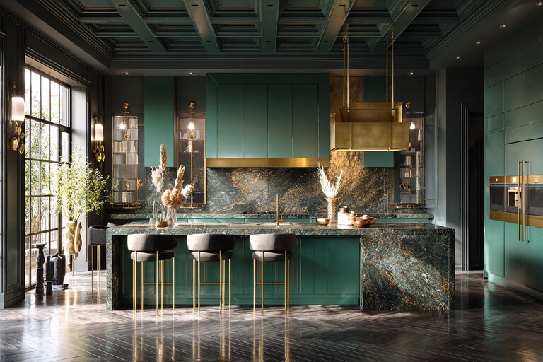 Modern Island Kitchen Design with Green Cabinets and Gold Accents