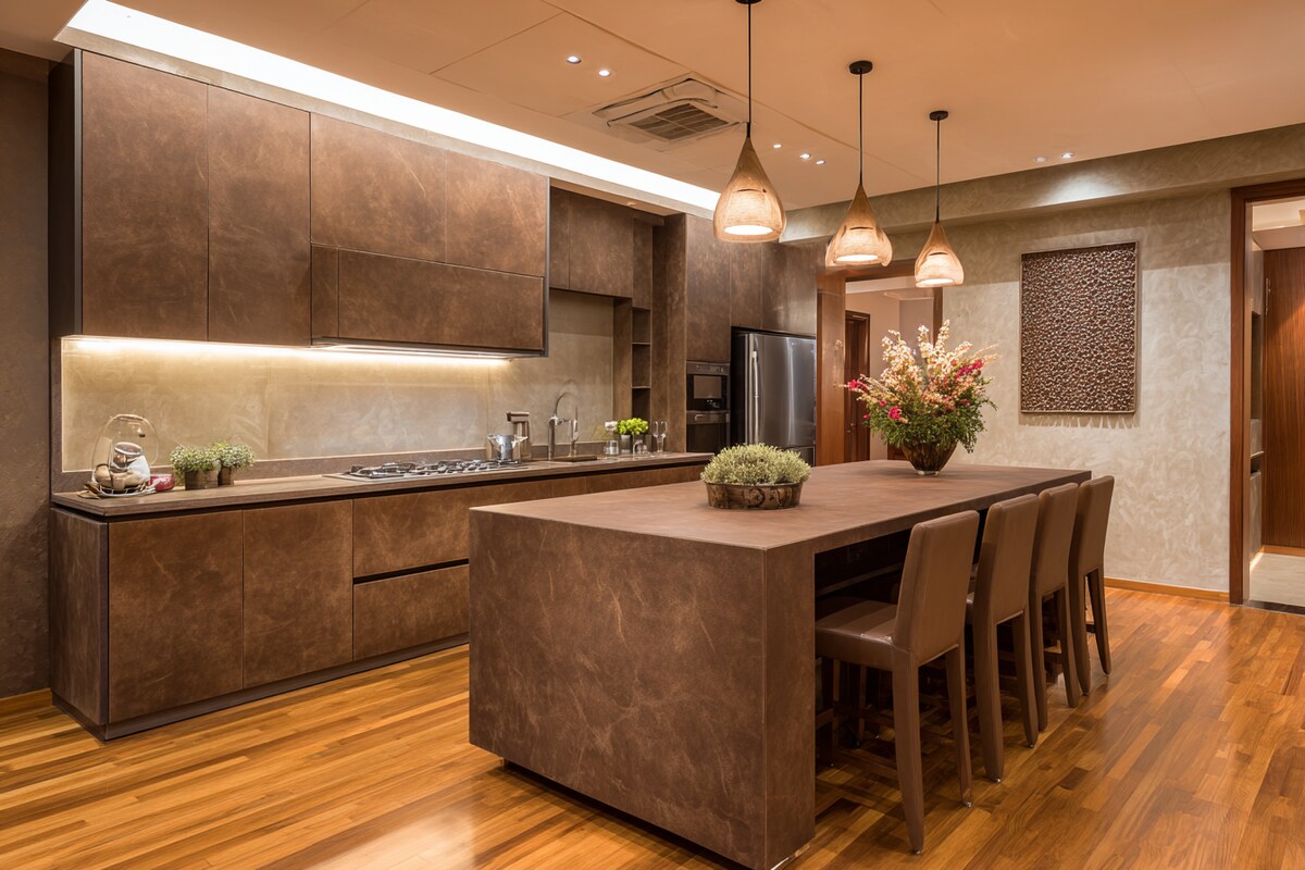 Modern Island Kitchen Design with Suede Finish in Brown Palette Modern Island Kitchen Design with Suede Finish in Brown Palette