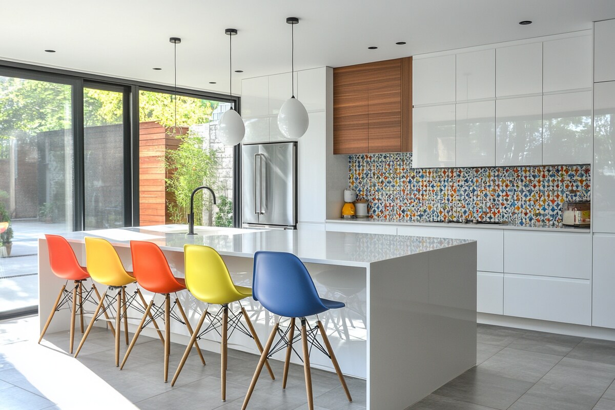 Modern Island Kitchen Design with White High-Gloss Cabinets