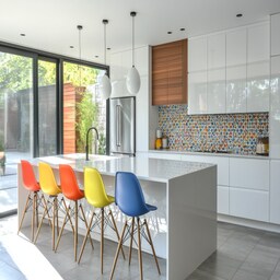 Contemporary U-Shaped Kitchen Design With Marble Backsplash and Grey ...