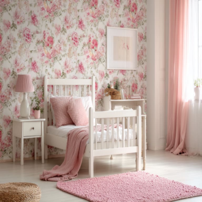 Modern Kids Room Design For Girls With Pink Floral Wallpaper