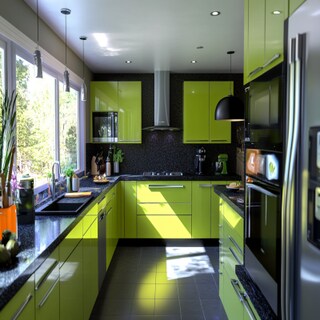 Modern L-Shaped Design With Lime Cabinets and Granite Countertop