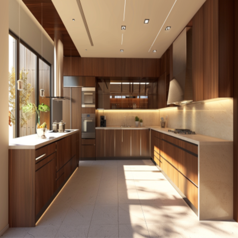 Modern L-Shaped Kitchen Design in Brown With Vertical Storage Units