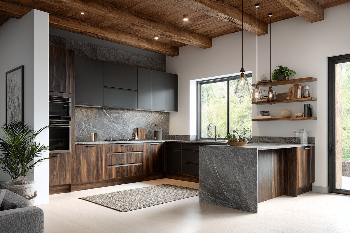 Modern L-Shaped Kitchen Design in Dark Wood and Slate Finish Modern L-Shaped Kitchen Design in Dark Wood and Slate Finish