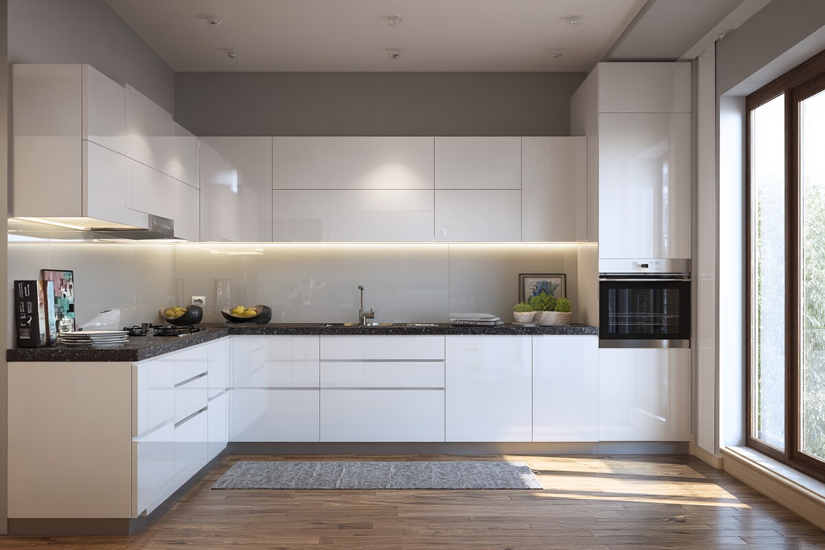 Modern L-Shaped Kitchen Design in Glossy Pearl and White With Granite Countertops Modern L-Shaped Kitchen Design in Glossy Pearl and White With Granite Countertops