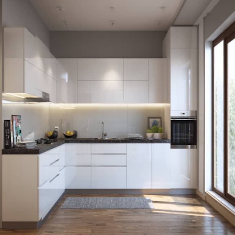Modern L-Shaped Kitchen Design in Glossy Pearl and White With Granite Countertops