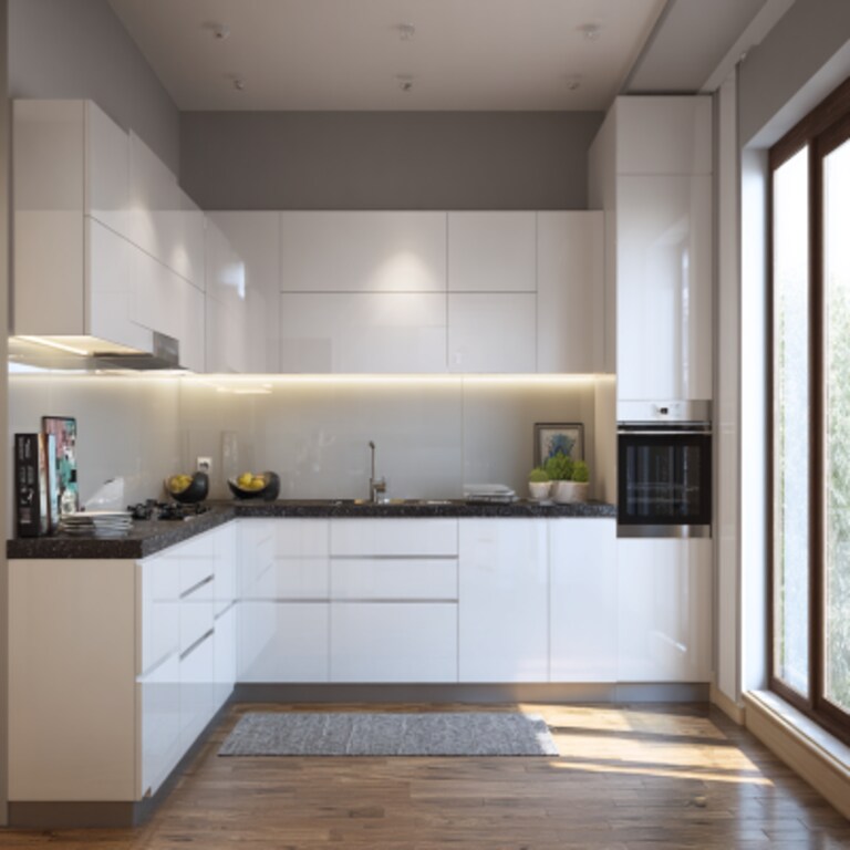 Modern L-Shaped Kitchen Design in Glossy Pearl and White With Granite Countertops