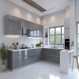 Cream and Teak Contemporary L-Shaped Kitchen Design With Granite Countertop