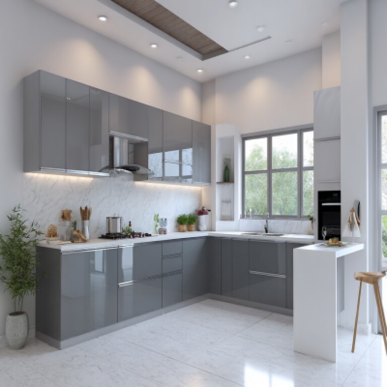 Modern L-Shaped Kitchen Design in Grey and White Gloss Finish