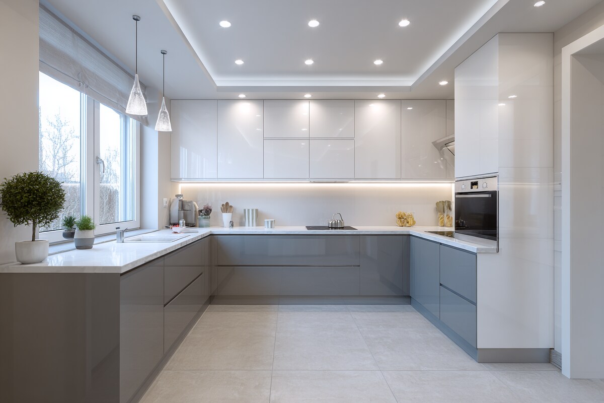 Modern L-Shaped Kitchen Design in White and Silver Frost Modern L-Shaped Kitchen Design in White and Silver Frost