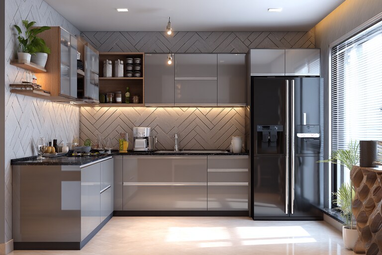 Modern L-Shaped Kitchen Design With Herringbone Backsplash and Glossy ...