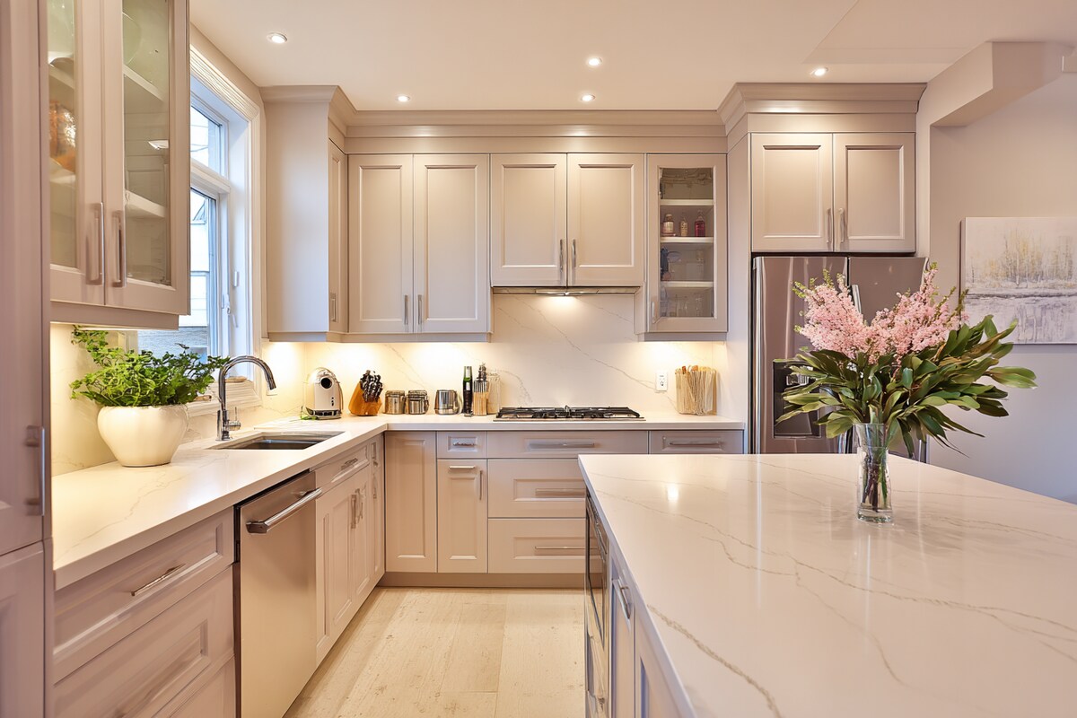 Modern L-Shaped Kitchen Design with Island and Quartz Countertop Modern L-Shaped Kitchen Design with Island and Quartz Countertop