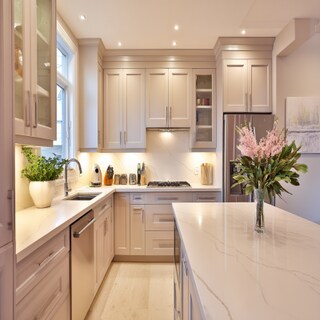 Modern L-Shaped Kitchen Design with Island and Quartz Countertop