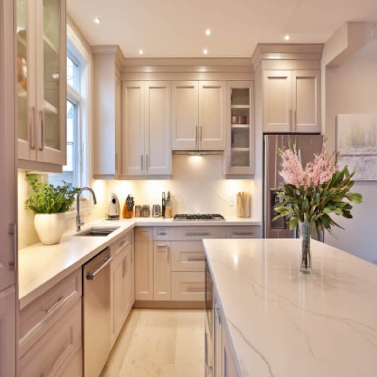 Modern L-Shaped Kitchen Design with Island and Quartz Countertop