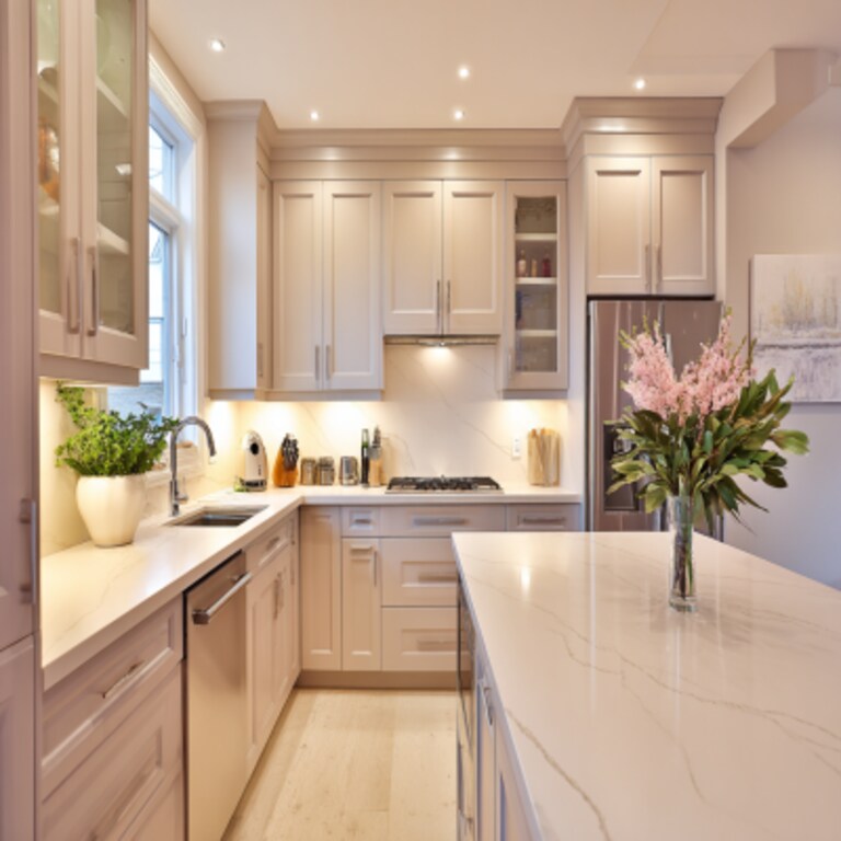 Modern L-Shaped Kitchen Design with Island and Quartz Countertop