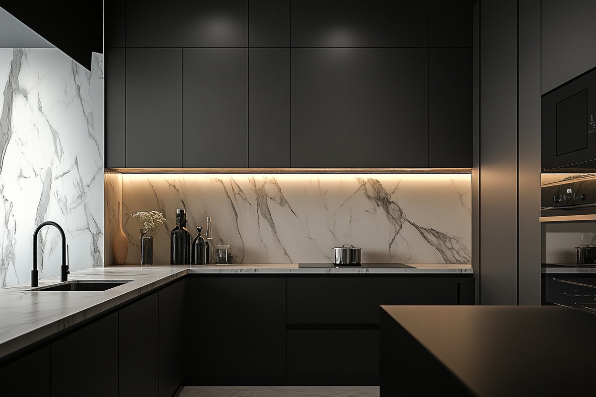 Modern L-Shaped Kitchen Design with Marble Backsplash and Black Countertop Modern L-Shaped Kitchen Design with Marble Backsplash and Black Countertop