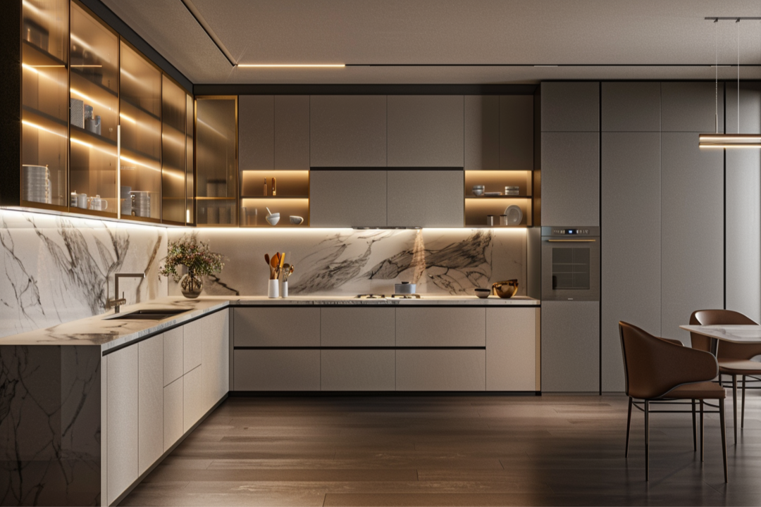 Modern L-Shaped Kitchen Design with Marble Backsplash and Glass Cabinets