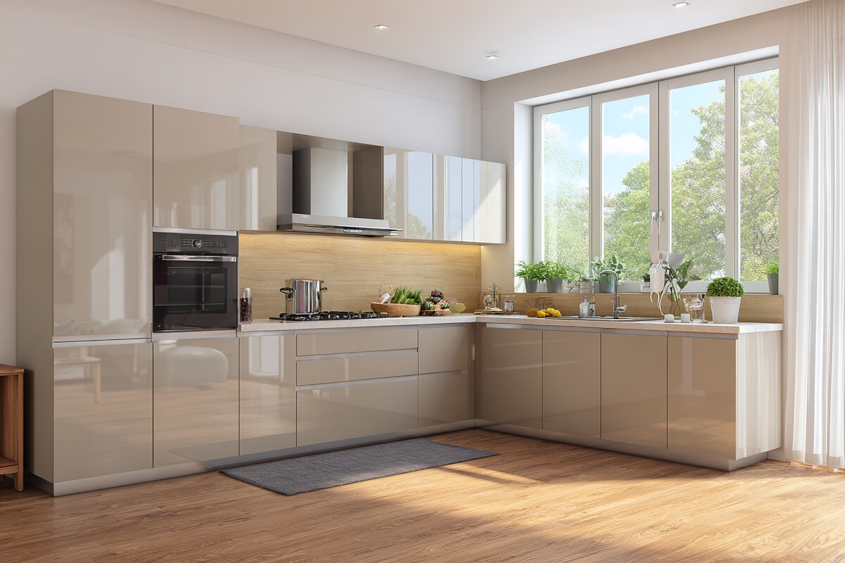 Modern L-Shaped Kitchen Design With Modern Glossy Cabinets Modern L-Shaped Kitchen Design With Modern Glossy Cabinets