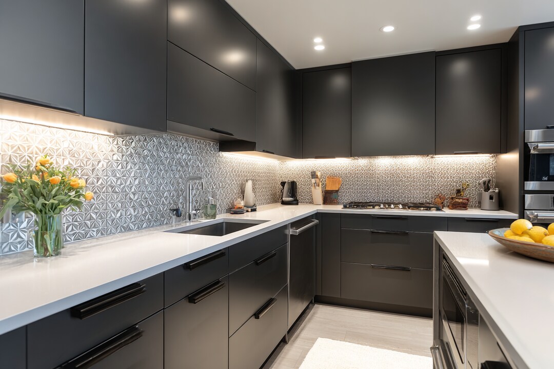 Modern L-Shaped Kitchen Design With Patterned Backsplash and Quartz ...