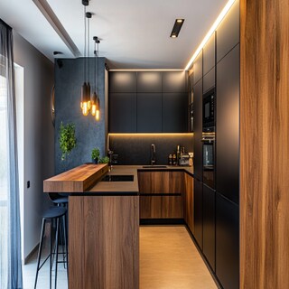 Modern L-Shaped Kitchen Design with Peninsula in Walnut and Black