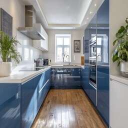 Modern L-Shaped Kitchen Design with Quartz Countertop and High Gloss Finish