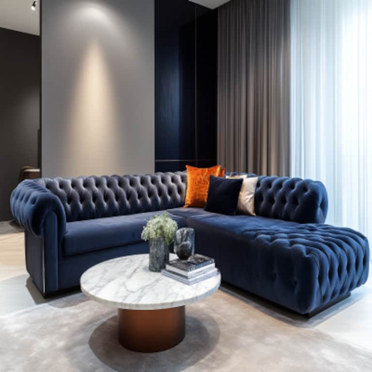Modern Living Room Design with Chesterfield L-shaped Sofa and Marble Table