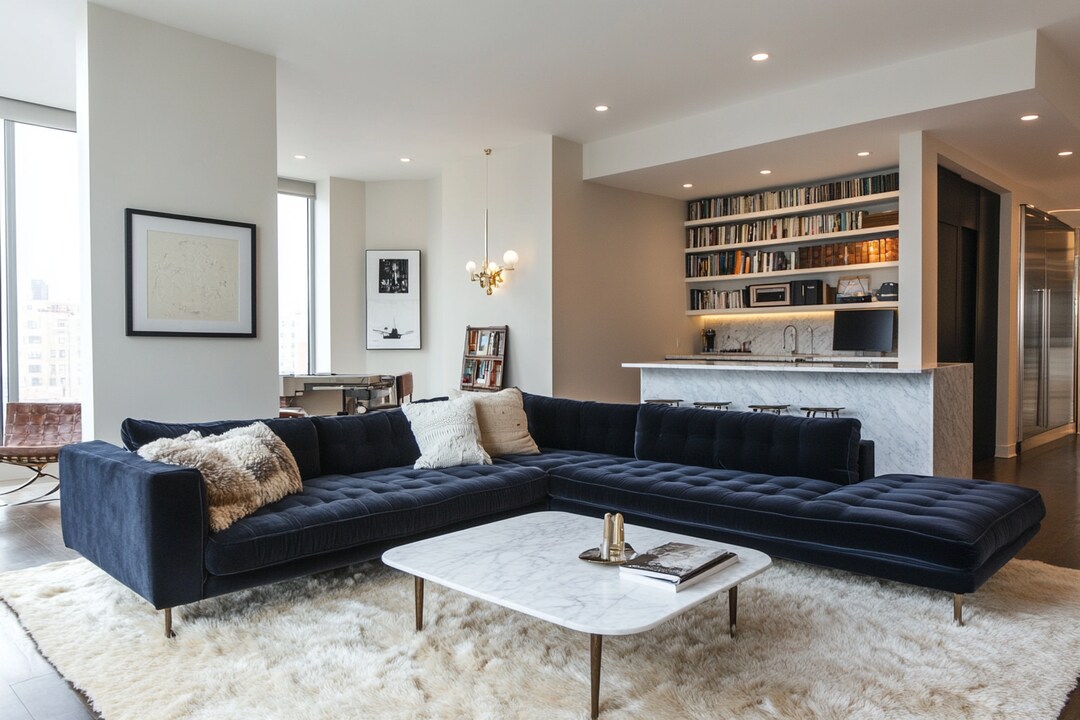 Modern Living Room Design with Dark Blue L-Shaped Sofa and Marble Table