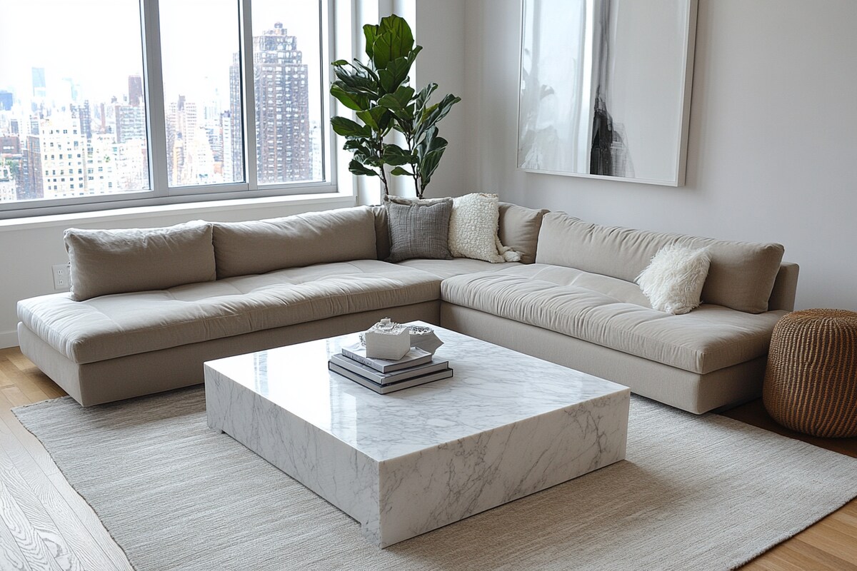Modern Living Room Design with L-Shaped Sofa and Marble Table Modern Living Room Design with L-Shaped Sofa and Marble Table