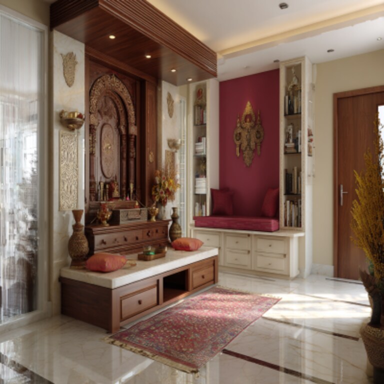 Modern Mandir Design With Floor-Mounted Storage