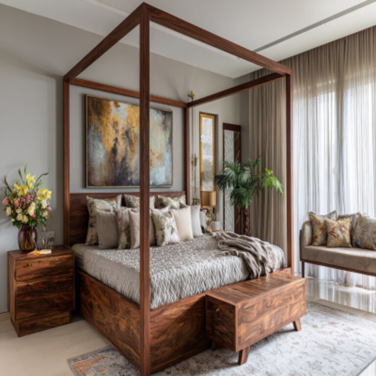 Modern Master Bedroom Design with a Wooden Four-Poster Bed