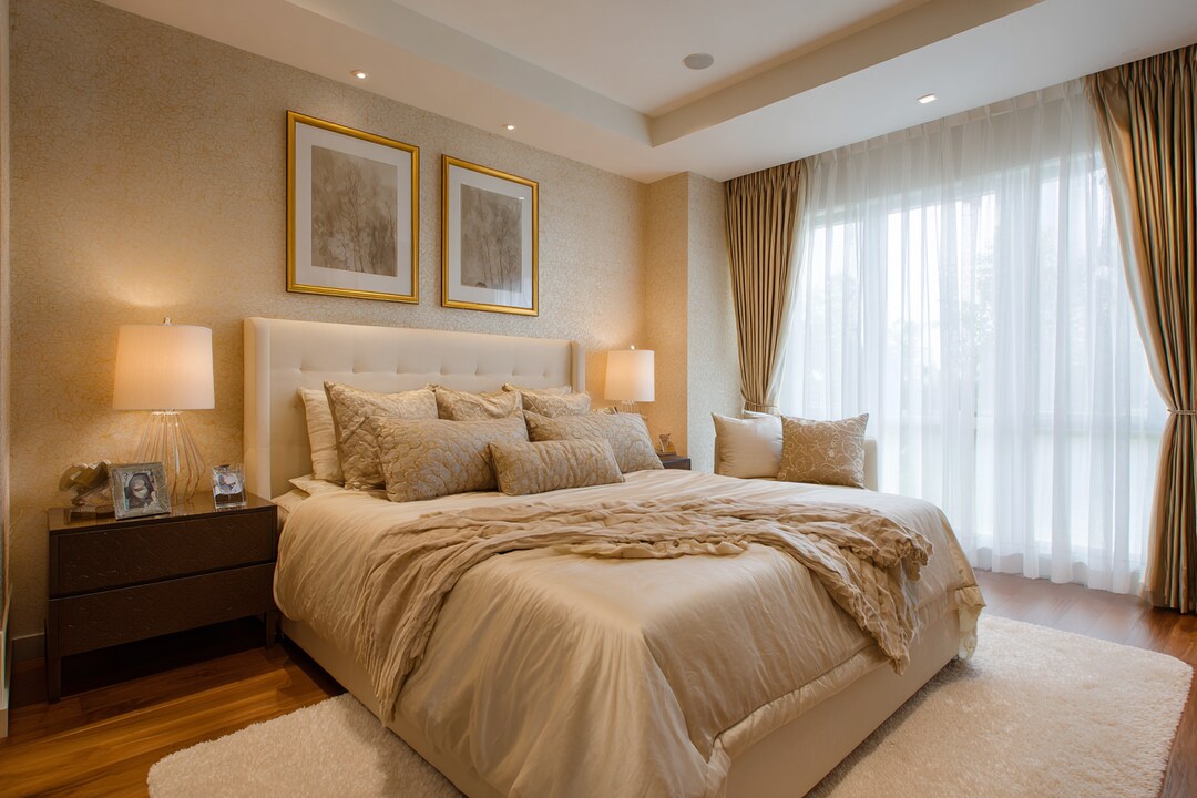 Modern Master Bedroom Design With Beige Textured Wall Paint